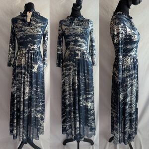 TED BAKER Iggiey Metallic Burnout Midi Dress, 3/4 Sleeves Navy Size 1 US 4 NWT